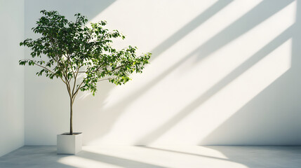 Obraz premium A single indoor tree in a minimalist room casts long shadows across the floor, creating a serene and calming atmosphere with natural light