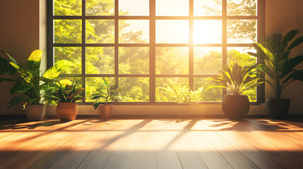 Fototapeta premium A sunlit room features large windows with shadows cast on wooden floors, adorned with various green potted plants creating a warm and inviting atmosphere