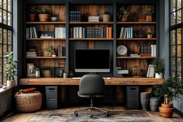 Modern industrial-style metal and wood bookcase with black accents, placed in an office setting near a desk, contemporary workspace design.