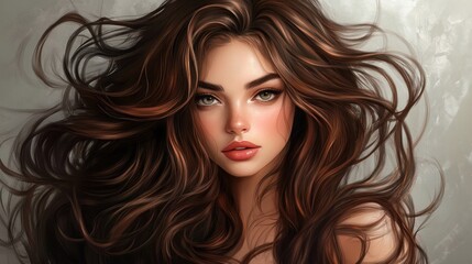 Obraz premium Portrait of a beautiful brunette woman with long wavy hair