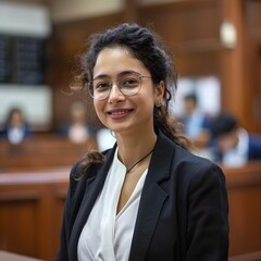 Confident Indian Female Lawyer Standing in Courtroom and Facing