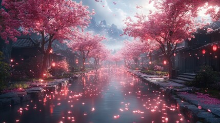 Pink blossoms, canal, lanterns, Asian village.