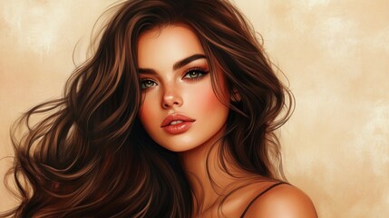 Naklejka premium Portrait of a beautiful brunette woman with long wavy hair
