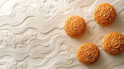 Intricate Mooncakes with Floral Patterns on Elegant Surface