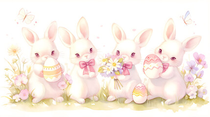 Obraz premium Watercolor illustration Easter bunny with colorful eggs on grass, cute seasonal decoration, spring celebration, with pastel colored Easter eggs and delicate wildflowers on white background springtime.