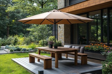 Outdoor wooden dining table with umbrella and bench on modern house deck in France, flower boxes, green grass, and sunny summer day.
