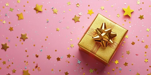 Obraz premium A shimmering gold gift box adorned with a sparkling star sits elegantly, ready to surprise a loved one this Valentine's Day.
