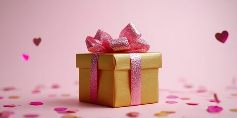 A shimmering gold gift box adorned with a delicate pink bow, radiating love and excitement, perfect for celebrating Valentine's Day.
