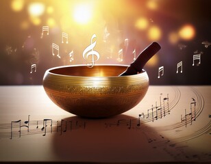 singing bowl with musical notes symbolizing harmony and healing sounds in sound therapy on a soft background