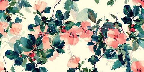 "Delicate botanical watercolor wallpaper pattern, showcasing vibrant greenery and floral designs with soft brushstrokes, created using generative AI to bring an artistic and natural touch to modern de