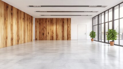 Fototapeta premium Modern Empty Office Space with Wooden Walls and Bright Windows for Creative Interior Design