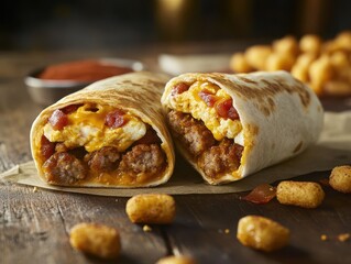 Delicious Breakfast Burrito with Sausage, Egg, and Cheese Served on Rustic Wooden Table with Tasty Side Dishes and Sauces, Perfect for Morning Cravings and Cafes