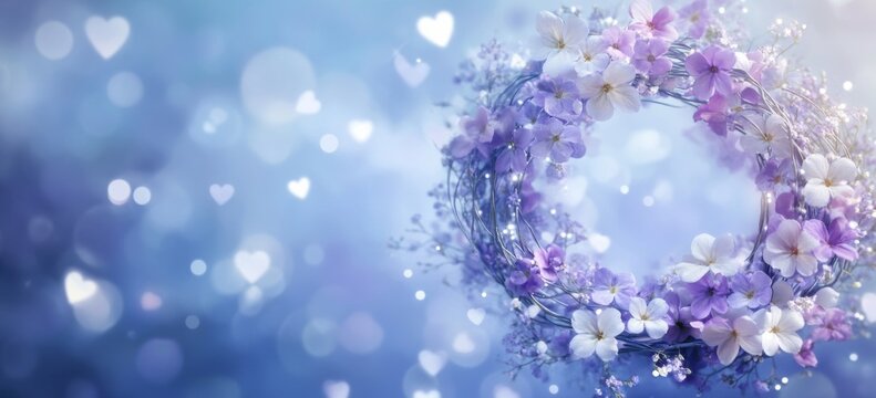 Beautiful floral wreath with purple flowers and shimmering background creates a serene ambiance for any occasion