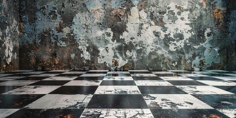 A dramatic, grunge-style image of a room with a worn checkered floor and a heavily textured wall. The colors are dark and moody, creating an atmosphere of mystery and age.