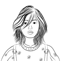 Outline sketch of a woman wolf cut without background