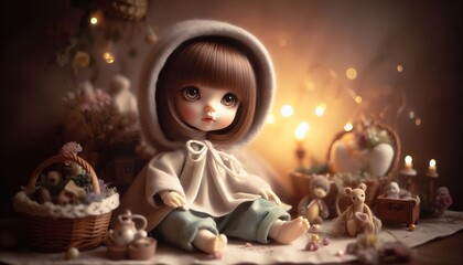 "Candlelit Comfort" - A Digital Portrait Of A Hooded Doll With Big Eyes Among Glowing Lights And Cozy Toys