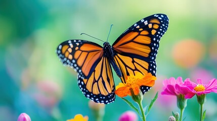 Fototapeta premium Monarch Butterfly on Vibrant Flowers in a Garden