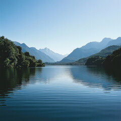 Serene lake nestled between majestic mountains under a clear blue sky.