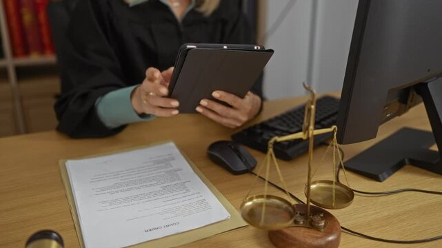 Female judge working on a tablet in a courtroom office with legal documents, computer, and scales of justice on the desk.