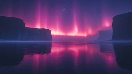 Pink aurora borealis reflected in calm water between cliffs at night.