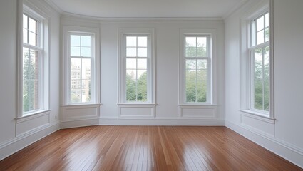 Obraz premium A blank room with white walls, hardwood floors, and lots of windows is shown in this stock photo, giving the impression of space and opening up the possibility of personalization or decoration.