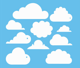 Obraz premium Cloud. Abstract white cloudy set isolated on blue background. Vector illustration
