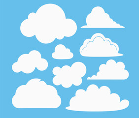 Obraz premium Cloud. Abstract white cloudy set isolated on blue background. Vector illustration
