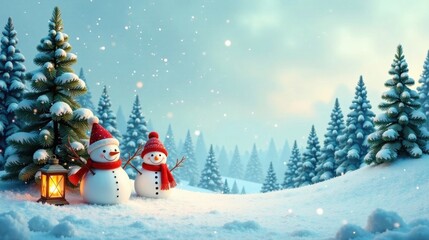 Obraz premium Winter Wonderland Scene with Two Cheerful Snowmen and Glowing Lantern