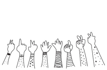 Hands raised. Racial equality. Team cooperation, partnership, community, support, trust concept hand draw line art . Vector illustration in flat style