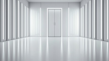 Fototapeta premium Modern Minimalist Hallway with Bright LED Lights and Closed Elevator Doors in Futuristic Design