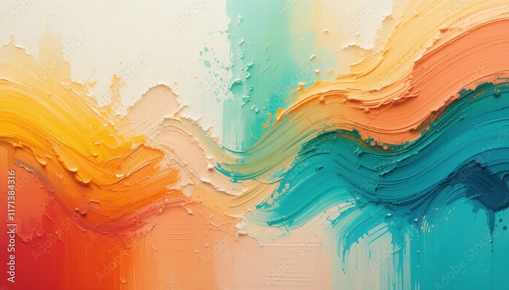 Fototapete Abstract painting featuring vibrant colors splashed across a textured wall, creating a dynamic visual experience.