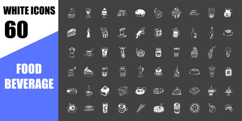 Hand drawn food beverage illustration. Sketch style breakfast, lunch white icons. doodle line art. simple sign.