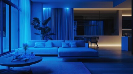A calming scene with blue hues in a modern living room or workspace.