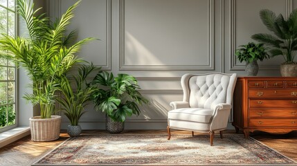 Naklejka premium Sunlit living room with armchair, plants, and antique dresser.