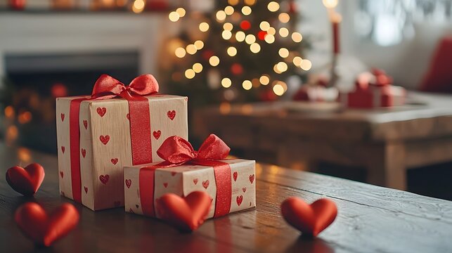 Holographic gift boxes for a virtual Valentine s Day shopping experience surrounded by cozy lighting romantic decor and a festive elegant atmosphere  The image showcases the modern