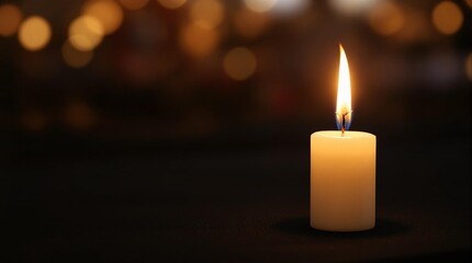 Single burning candle flame or light glowing on a small white candle on black or dark background on table in church for Christmas, funeral or memorial service with copy space