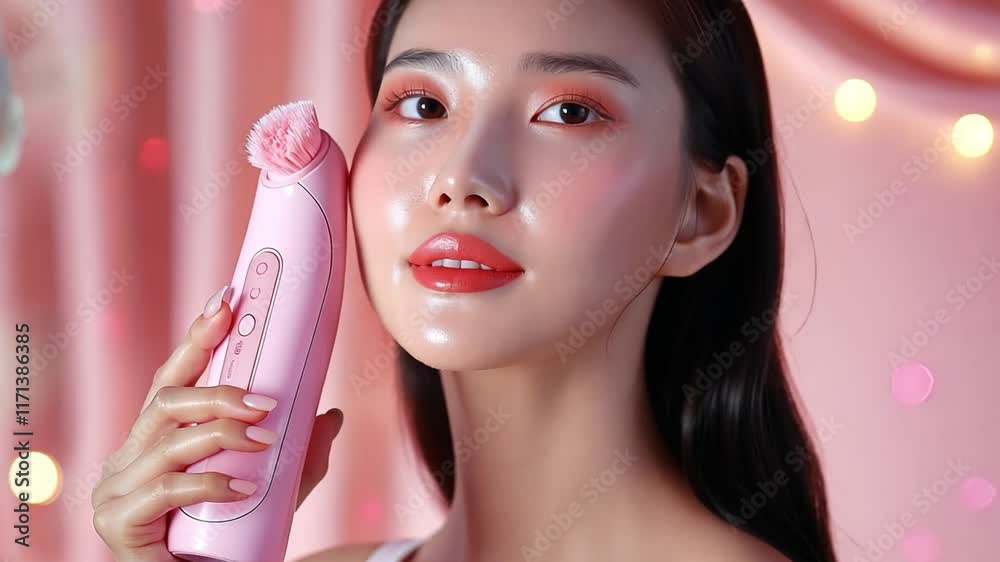 Poster this woman relaxes with a skincare routine using spa tech in soft lighting. facial cleansing