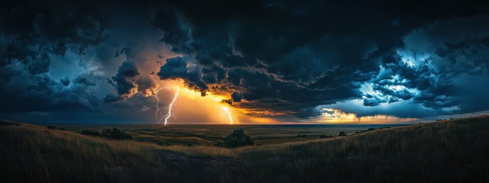 A captivating capture of a thunderstorm rolling over the Great Plains, with lightning illuminating the vast and open landscape, Great Plains storm scene