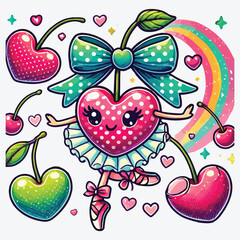 Art Product, Ballet, Ballet Heart cherry with bow in cartoon style. Cute trendy design. Funky illustration