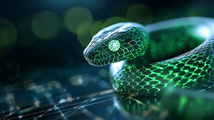 Captivating Energetic Snake Hologram with Futuristic Glitch Effects and Digital Fusion   A dynamic and visually striking image blending elements of nature and advanced technology