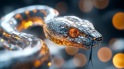 Captivating digital artwork depicting a cybernetic snake with glowing circuit like scales in a futuristic technological landscape  The cybernetic creature has a powerful enigmatic presence