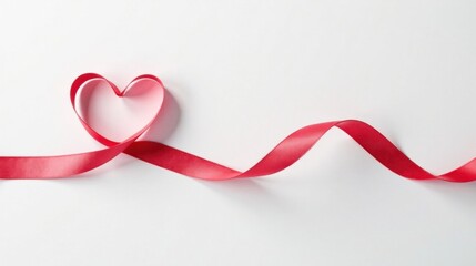 A delicate red ribbon forms a heart shape, gracefully flowing across a pristine white background, symbolizing love and affection.
