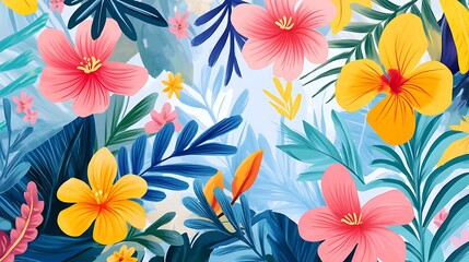 Vibrant Tropical Floral Paradise: A Lush Tapestry of Hibiscus and Exotic Foliage