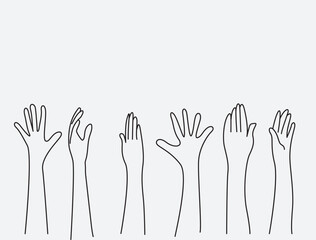 hand drawing with hands up, pointing finger, fighting for their rights, hand pointing three fingers linear style. Simple doodle style.vector illustration