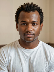 Obraz premium Retrato de un hombre joven negro y apuesto vistiendo una camiseta blanca de algodón