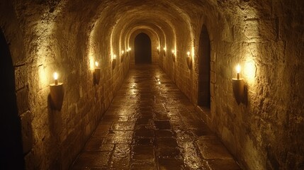 Fototapeta premium Mysterious Candlelit Stone Corridor: A Journey Through Time