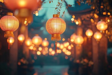 Lanterns illuminate a tranquil street during an evening festival in a vibrant cultural setting