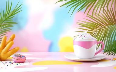 Fototapeta premium Whipped cream coffee in pink cup, donut, macaron, palm leaves on pastel background.