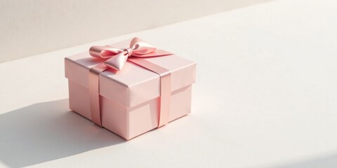 A Delicate Pink Gift Box with a Satin Ribbon Bow on a White Surface