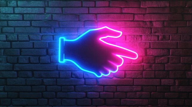 Neon hand-shape graphic on brick wall.